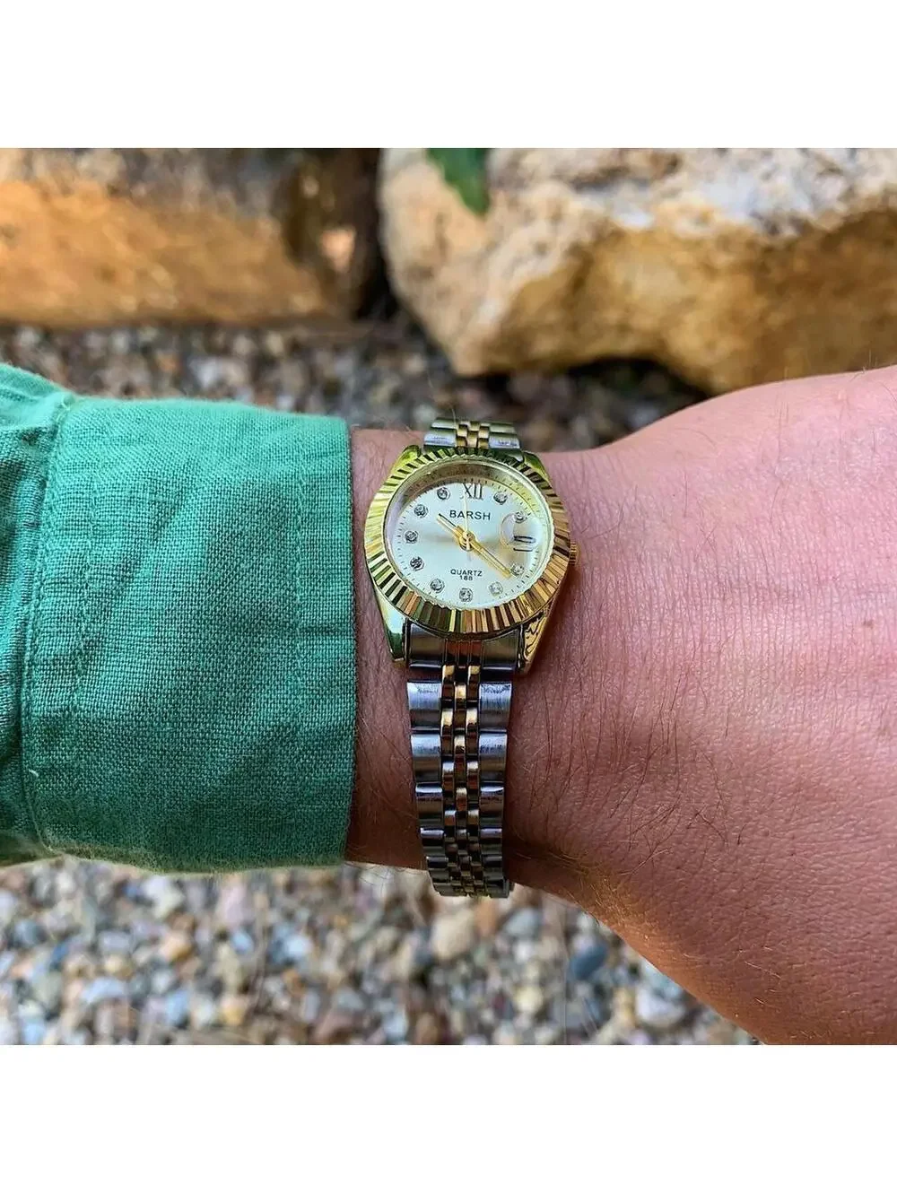 Classy Y2K 2000s style Silver and Gold watch with diamond accents. Nice quality
